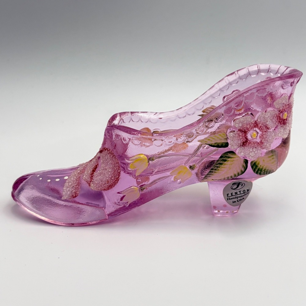 Fenton Pink Hand Painted Glass Slipper Signed K. S. Buskirk Floral Bow USA